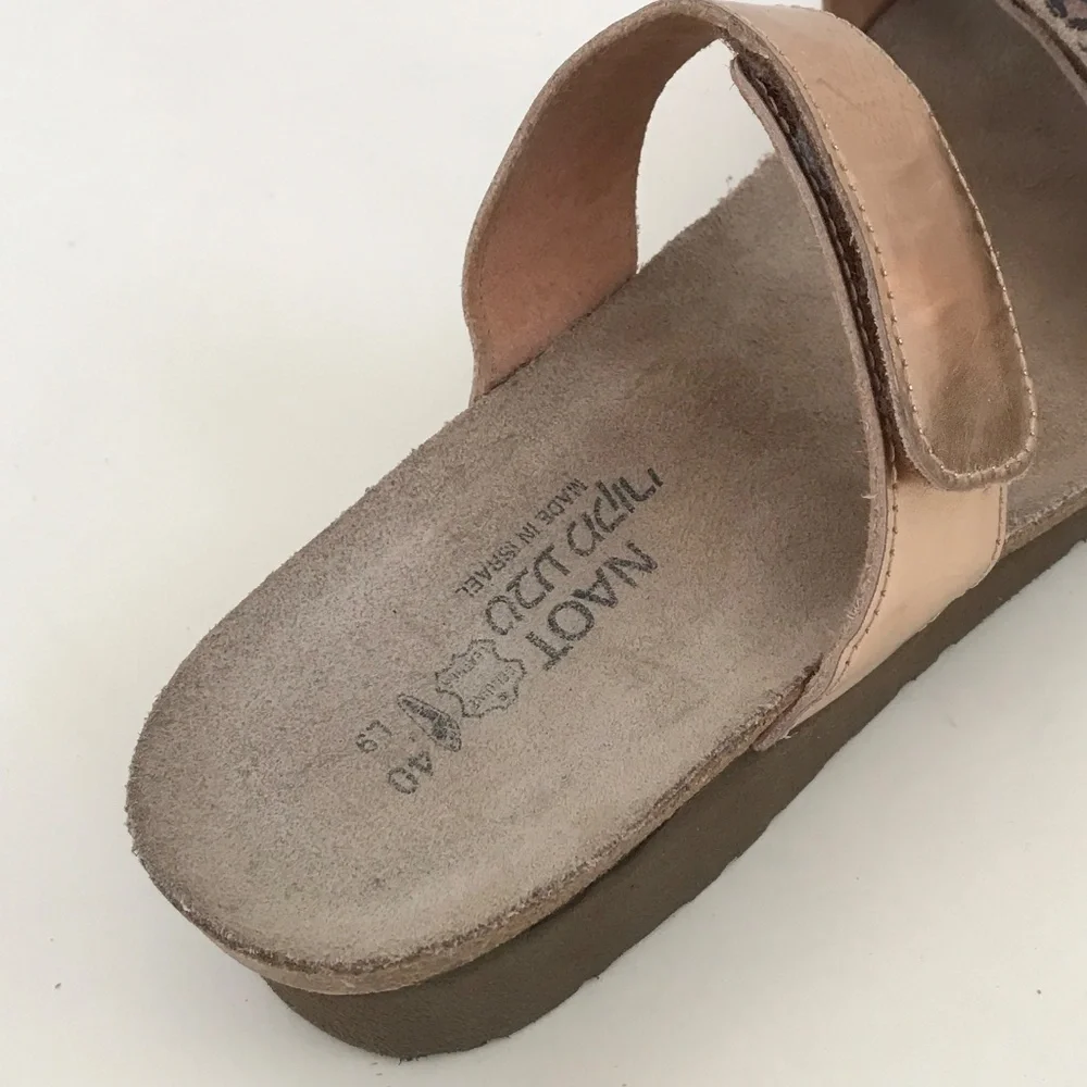 NAOT Leopard Print Sandal Leather Metallic Rose Gold Althea Women’s Size 9
